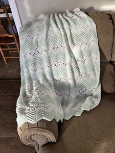 Crochet Afghan Pastel Green White 42”x48” Cottage Core Could Use As Baby Blanket - Picture 1 of 6