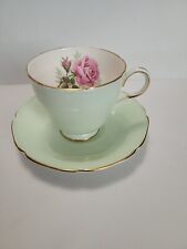 Tea Cup And Saucer , Paragon Pink Rose Flower Fine Bone China Light Green 