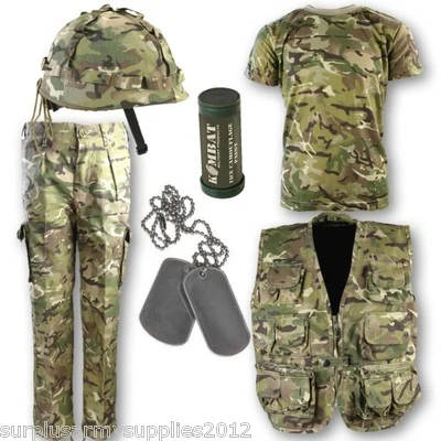 KOMBAT UK JUNGEN ARMEE OUTFIT KINDER 3-13 HOSE T-SHIRT HELM WESTE HUNDEETIKETTEN LACK BTP TARNFARBE