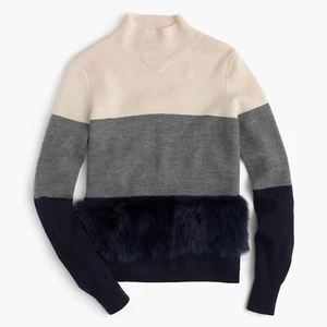 $248 NWT J CREW COLLECTION Colorblock Shearling Fur Sweater Navy Gray Ivory XS S - Picture 1 of 17
