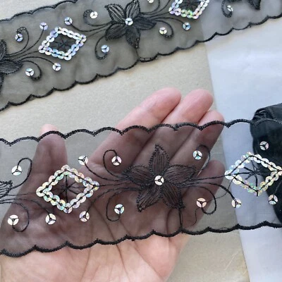 3 Yards Black Sequins Embroidered Border Ribbon Trim /Sewing/Crafts/2.25" Wide - Image 1 of 4