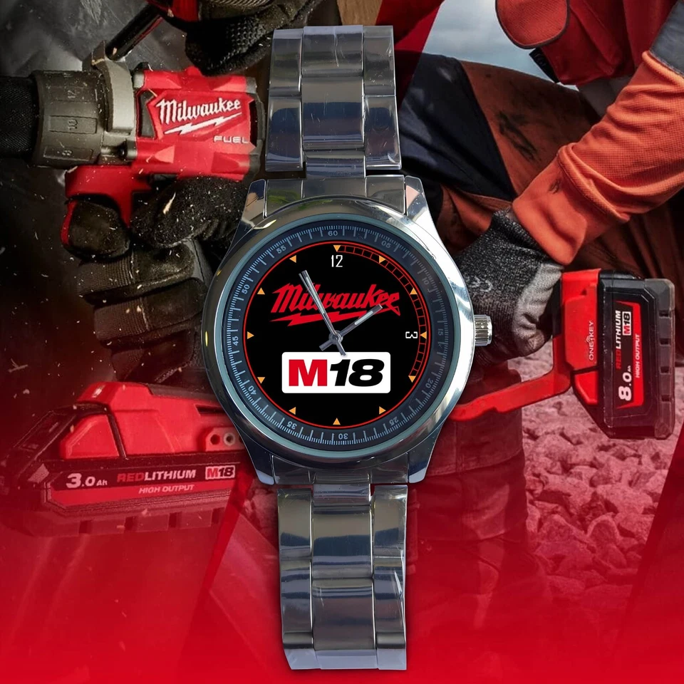 ¡EXCELENTE VENTA! Milwaukee M18 COMBUSTIBLE Rojo Negro Logo Display Reloj de Metal Personalizado! Foto 1 de 1