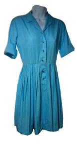 Vtg 1950s 1960s Aqua Blue Shirtwaist Day Dress Box Pleated Skirt XS Rockabilly - Picture 1 of 19