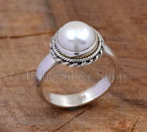 Natural Round Fresh Water Pearl Boho Silver Jewelry Handmade Ring For Her - Picture 1 of 5