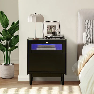 Mesita de noche LED con cajón de almacenamiento puerta oculta abatible dormitorio negra Foto 1 de 4