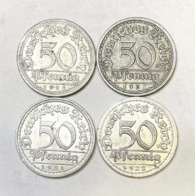 批量 4 枚不同的老式流通 50 枚 Pfennig 硬币 来自德国,1920 - 1922 — 第 1/4 张图片