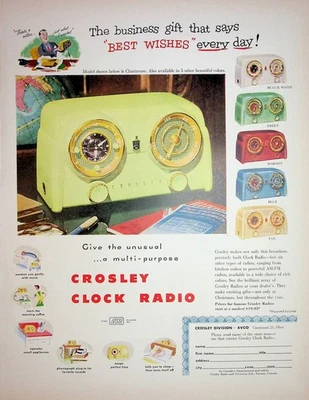 Original 1952 Vintage Recorder Ad: Ft. Crosley Clock Radio, Chartreuse Model - Image 1 of 2