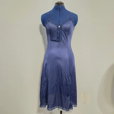 Unbranded Vintage Dark Blue Lingerie Slip Dress Lace Trim - Image 1 of 4