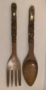 Vintage MCM große geschnitzte Holz Gabel und Löffel Wanddekor 22" Tiki Bar Totem - Bild 1 von 14