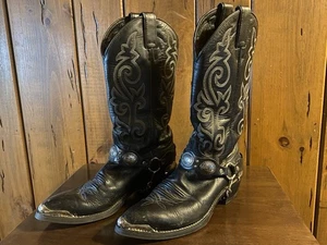 Stivali donna western biker pelle nera 9 imbracature argento concho - Foto 1 di 6