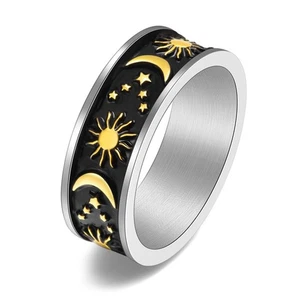 Anillo Estrella Sol y Luna Vintage Negro Hombre Mujer Banda Acero Inoxidable Talla 6-12 - Imagen 1 de 11
