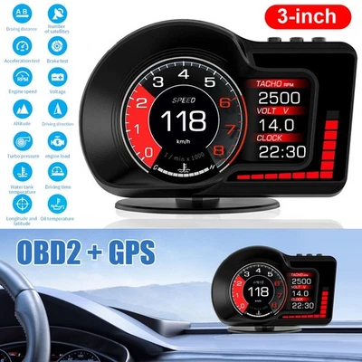 OBD2+GPS Car HUD Gauge Head Up Digital Display Speedometer Turbo RPM Temp Alarm - Image 1 of 4