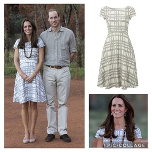 Hobbs Ivory Checked Dress - Size UK10 US6 - Grey Cream 100% Linen ASO Royal PoW - Picture 1 of 17