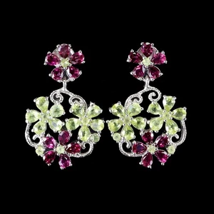 925 Sterling Silver Earrings Pear Peridot Rhodolite Natural Gemstone jewelry - Picture 1 of 14