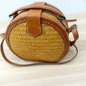 70s Vintage Bamboo Matting Purse Brown Leather Wicker Canteen Boho Crossbody Bag - Picture 1 of 14