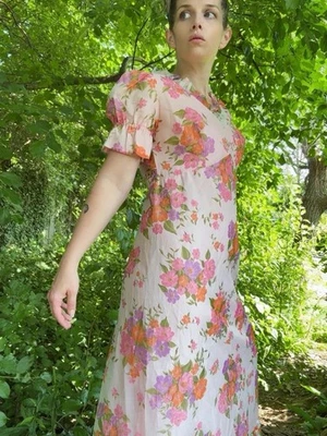 Maxi Vestido Largo Pradera Cottage Manga Abullonada Años 70 Estampado Floral Talla S M Foto 1 de 4