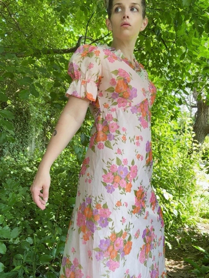 Maxi Vestido Largo Pradera Cottage Manga Abullonada Años 70 Estampado Floral Talla S M Foto 1 de 4