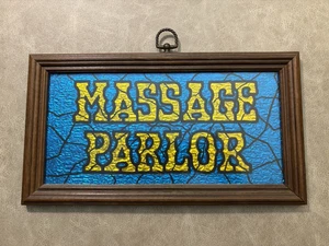 Vintage Massagesalon Schild Kunstglas gerahmt Männerhöhle hängend 13 x 9 - Bild 1 von 4