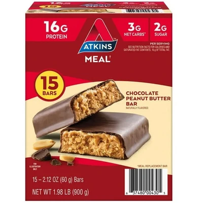 Barritas de comida Atkins chocolate mantequilla de maní, altas en fibra, 16 g de proteína 15 ct. Foto 1 de 3