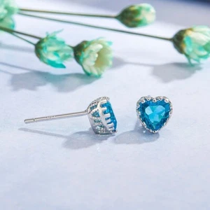 925 Sterling Silver Blue Gem Stone CZ Love Heart Stud Earrings Women Girl Gift - Picture 1 of 8