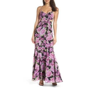 NEW Fame and Partners Sienne Black Purple Floral Cutout Maxi Dress Gown Size 0 - Picture 1 of 12