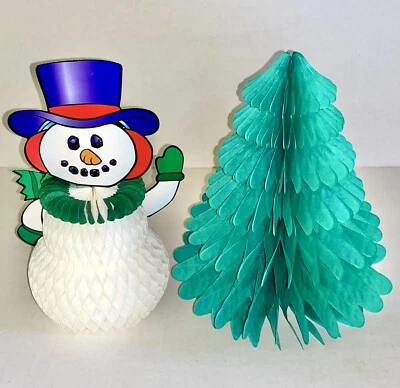 "LOTE de 2 piezas de Navidad de colección muñeco de nieve y pino decoraciones de panal retro 10,5"" de alto" Foto 1 de 4