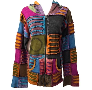 Patchwork Pointed Hood Sweatshirt XL Full Zip POCKETS Retro Hippie Grunge Whimsy - Picture 1 of 9