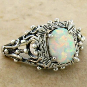 VICTORIAN DESIGN 925 STERLING SILVER LAB-CREATED OPAL CLASSIC STYLE RING    583X - Picture 1 of 4