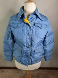 Vintage 70s Large Blue Ski Jacket Goose Down Winter Coat Quilted Puffer - Picture 1 of 6