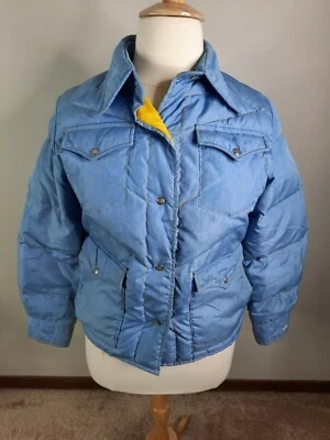 Vintage 70s Large Blue Ski Jacket Goose Down Winter Coat Quilted Puffer - Image 1 of 4