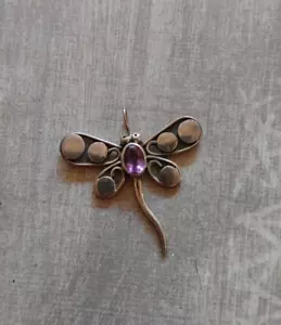 Vintage pendant sterling silver 925 dragonfly faceted purple amethyst 1 3/8" - Picture 1 of 9