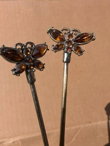 TWO VINTAGE SILVER HAIR CLIP Dragonfly Butterfly Bird Flying Hat Stick Clip Pin - Picture 1 of 7