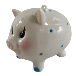Blushing White Ceramic Piggy Bank Small Blue Dots Ribbon Hole 5"x4"x4.5" Vintage - Picture 1 of 6