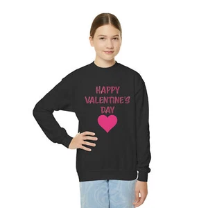 Happy Valentine's Day with Pink Heart Youth Kid's Unisex Crewneck Sweatshirt - Picture 1 of 21