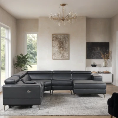 NUEVO 136" Ancho Moderno Power 2-Reclinables Seccionales con Chaise Negro Juego de Salón Foto 1 de 4