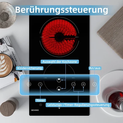 WEHIMO Glaskeramik Kochfeld 2 Platten Doppelkochfeld Stecker Eingebaut Autark DE