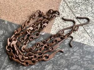 CATENA E GANCIO VINTAGE FERRO FORGIATO A MANO PESANTE RARO ALTALENA/LAMPADA 2 PZ. - Foto 1 di 20