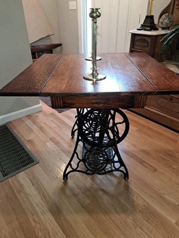 Repurposed 19th Century Cast Iron Singer Sewing Base/Oak Drop Leaf Farmers Table Cover