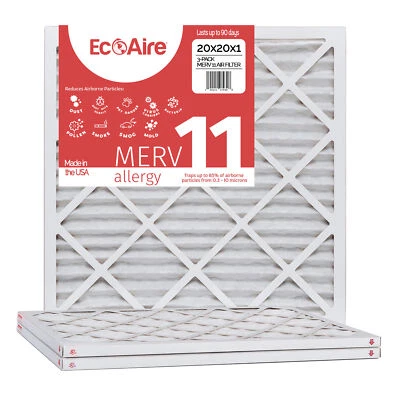 ECOAIRE Eco-Aire 20x20x1 MERV 11, Pleated Air Filter, 20x20x1, Box of 3