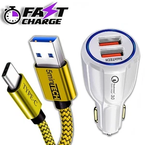 Téléphone Voiture Chargeur RAPIDE avec Double Câble USB et USB-C pour Allume-Cigare - Photo 1 sur 15