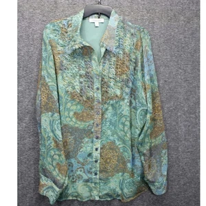 Coldwater Creek Button Top 1X Langarm Print grün leicht - Bild 1 von 6