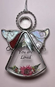 Clear & Red Stained Glass Angel Ornament Silver Tone Dry Flowers You Are Loved - Picture 1 of 3