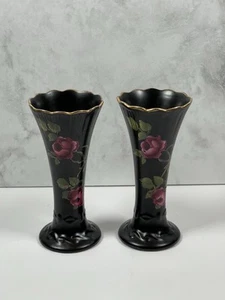 Par de jarrones Carlton Ware de cerámica negra con diseño floral de transferware rosa 14 cm - Imagen 1 de 11