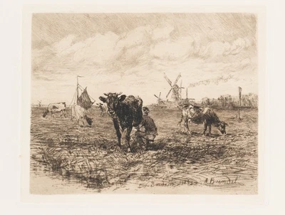 A. BRENDEL (1827-1895), Weidelandschaft mit Melkszene,  1893, Radierung - Bild 1 von 4