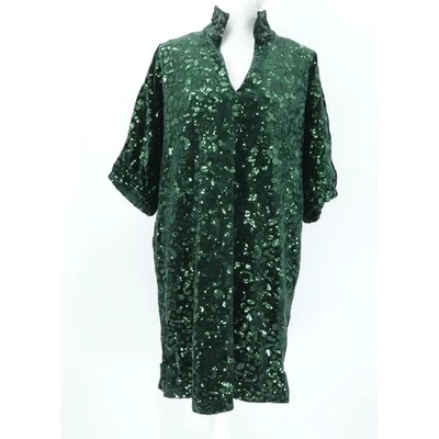 Emily McCarthy Poppy Dress Womens L Green Sequin Cheetah Shift Holiday Party - Image 1 of 4