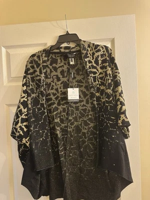 Nova capa cardigã quimono frente aberta metal ouro preto malha Ming Wang - Imagem 1 de 4