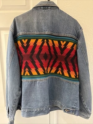Vintage Pendleton Western Wear Wool Lined Aztec Denim Jacket Men’s XL - Clean! - Image 1 of 4