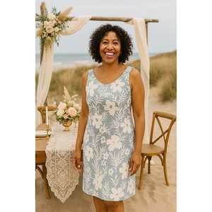 Floral Sleeveless Dress Blue White Hawaiian Print Casual Summer Vacation Silk S - Picture 1 of 12