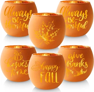 Thanksgiving Candle Holders 6 Pieces Orange Pumpkin Glass Votive Candle Holder f - Picture 1 of 12