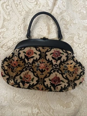 Vintage Ronay Carpet Bag Purse Tapestry Cream Floral Black Leather Strap Handbag - Image 1 of 4